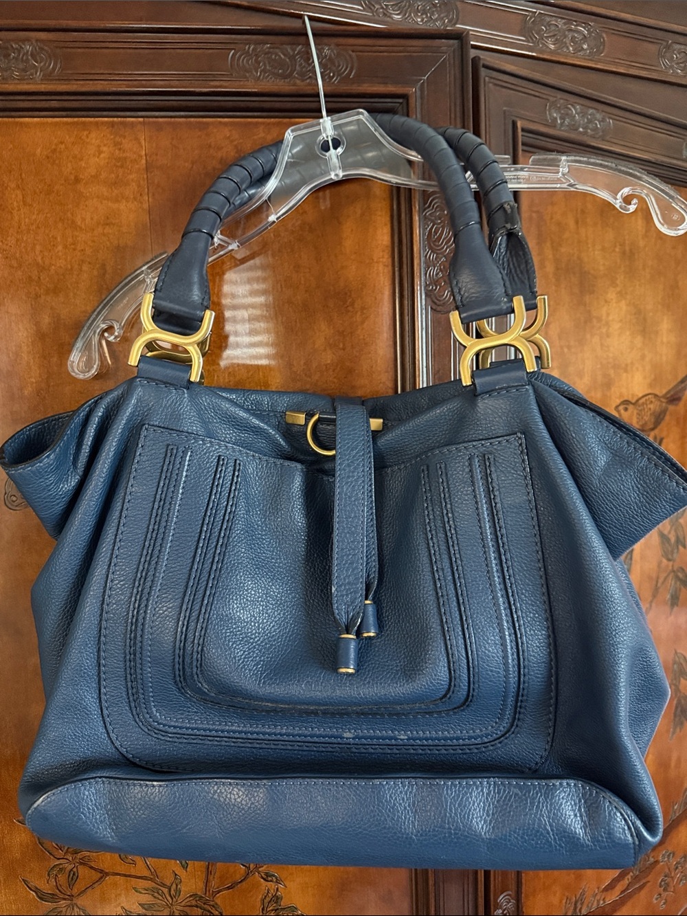 Chloe Navy Blue Leather Drawstring Shoulder Bag